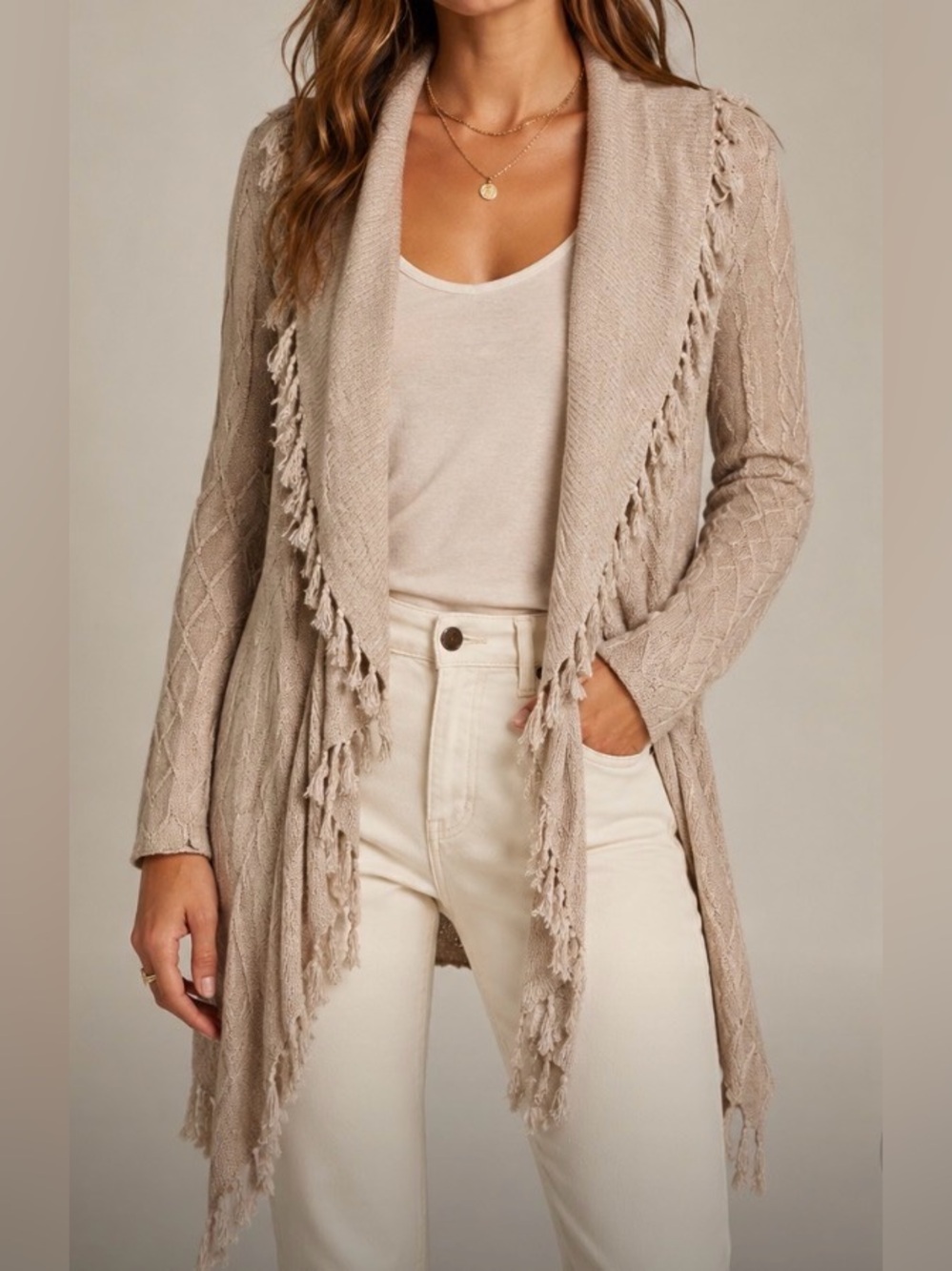 Guess by Marciano Textured Fringe Cardigan - Cream Size XS